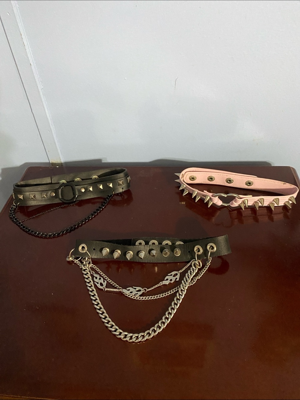Studded & Chain Leather Choker Trio - Black and Pink